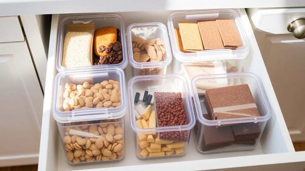 fill drawers with labeled containers