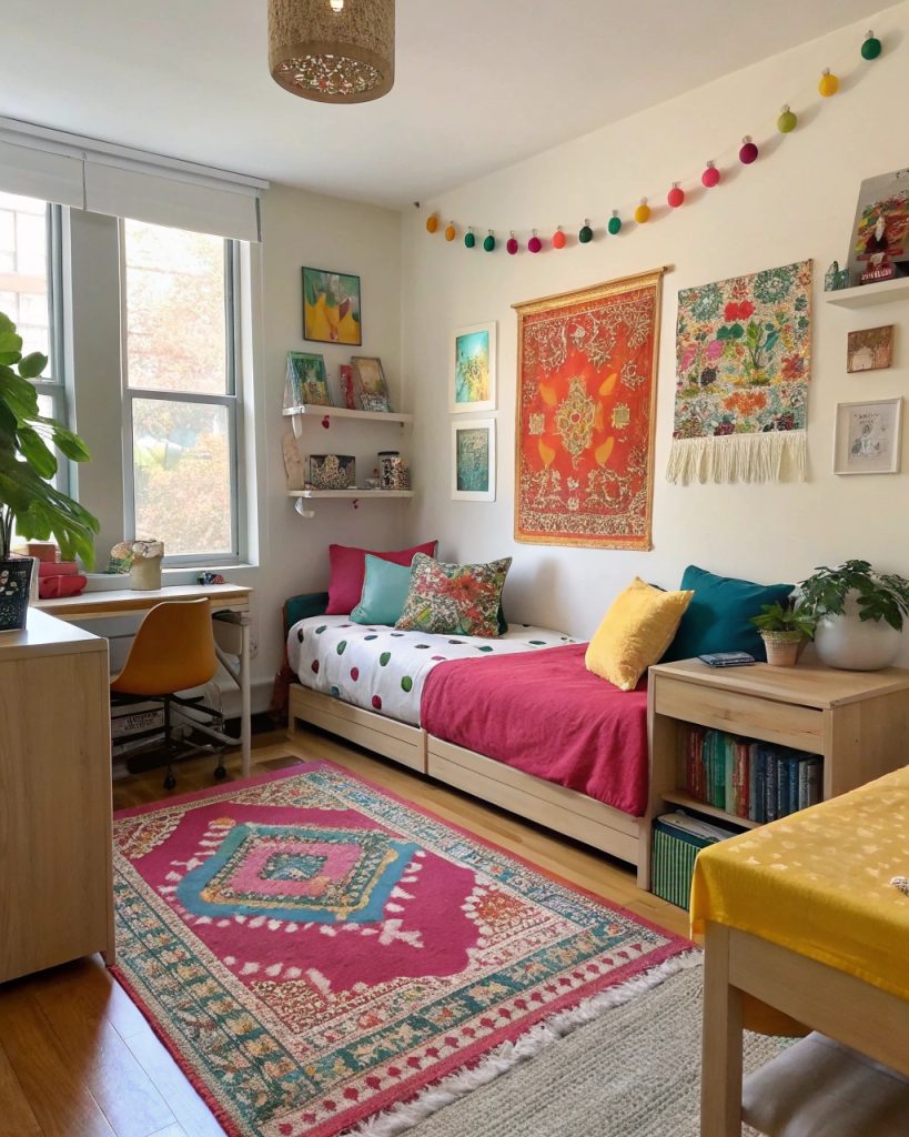 Appartement étudiant avec accessoires colorés
