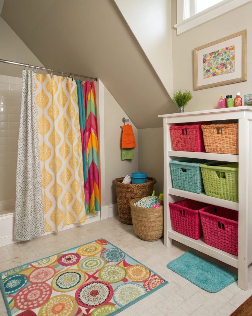 Salle de bain sous pente avec accessoires colorés.