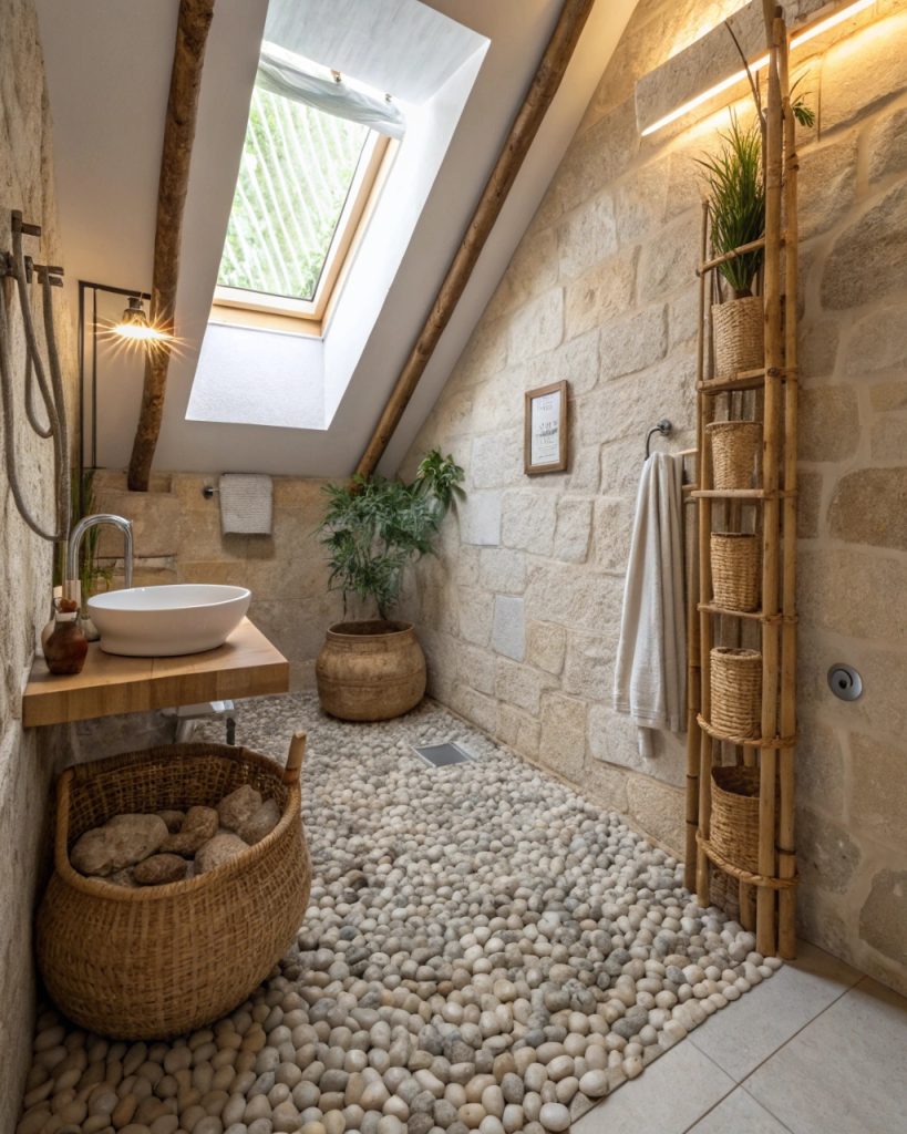 Salle de bain sous pente avec matériaux naturels et ambiance spa.
