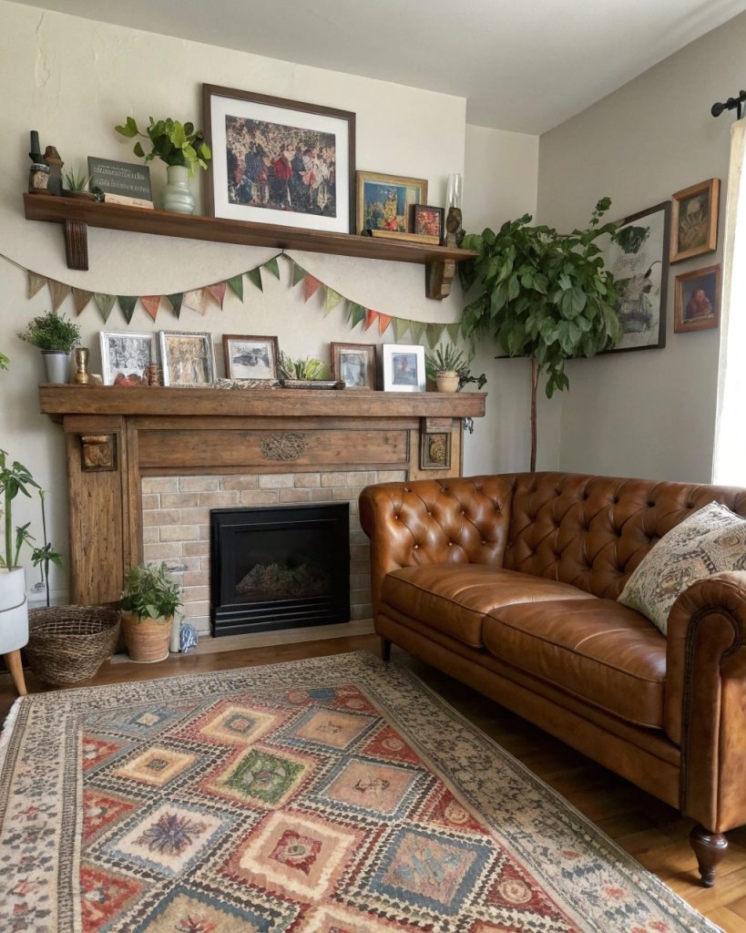 Salon authentique avec canapé vintage, tapis artisanal et décoration éclectique.