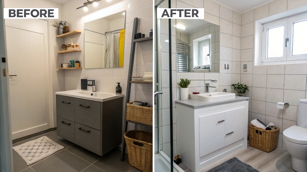 Transformation avant/après d'une salle de bain de 4m², de désordonnée à moderne.