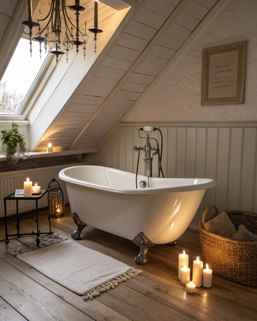 Baignoire freestanding sous pente avec robinetterie au sol.