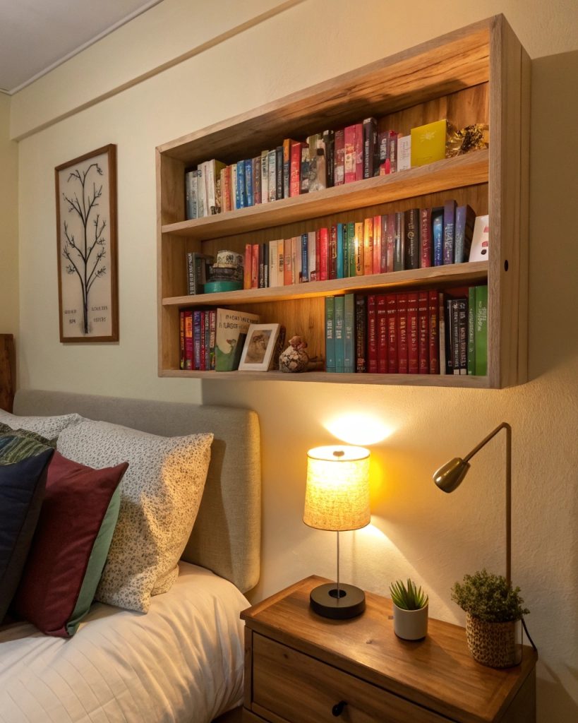 Bibliothèque murale au-dessus d'un lit avec livres colorés