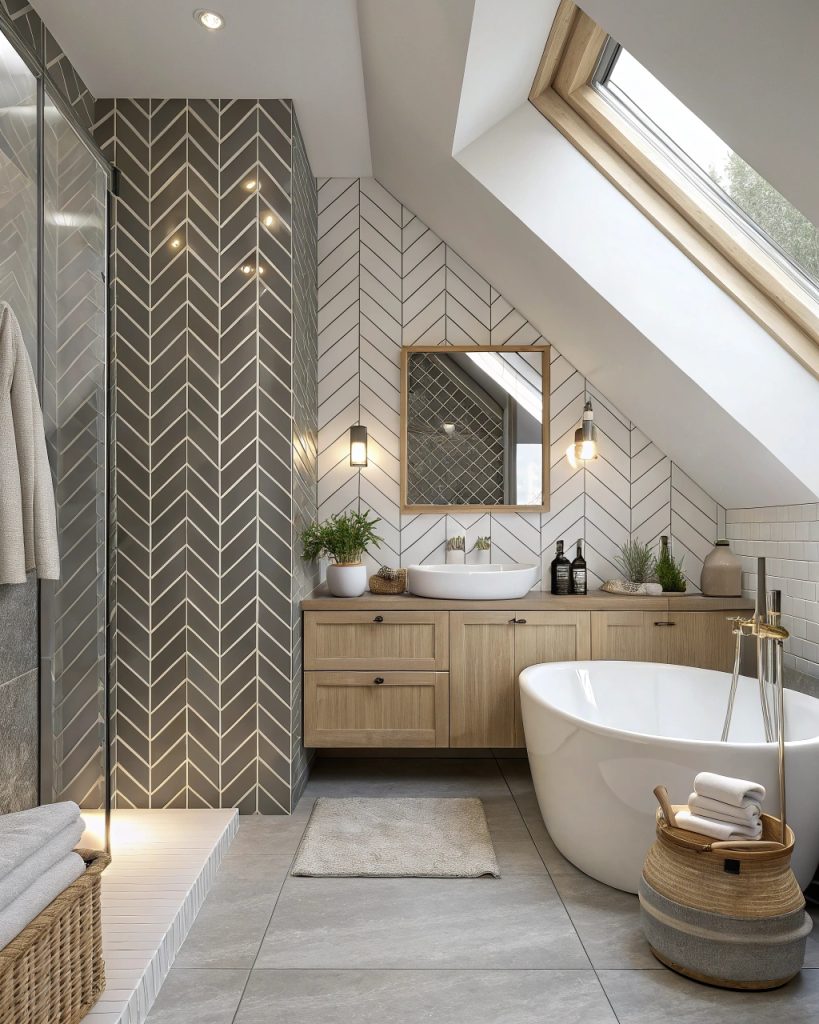 Carrelage vertical sous pente pour agrandir l'espace.