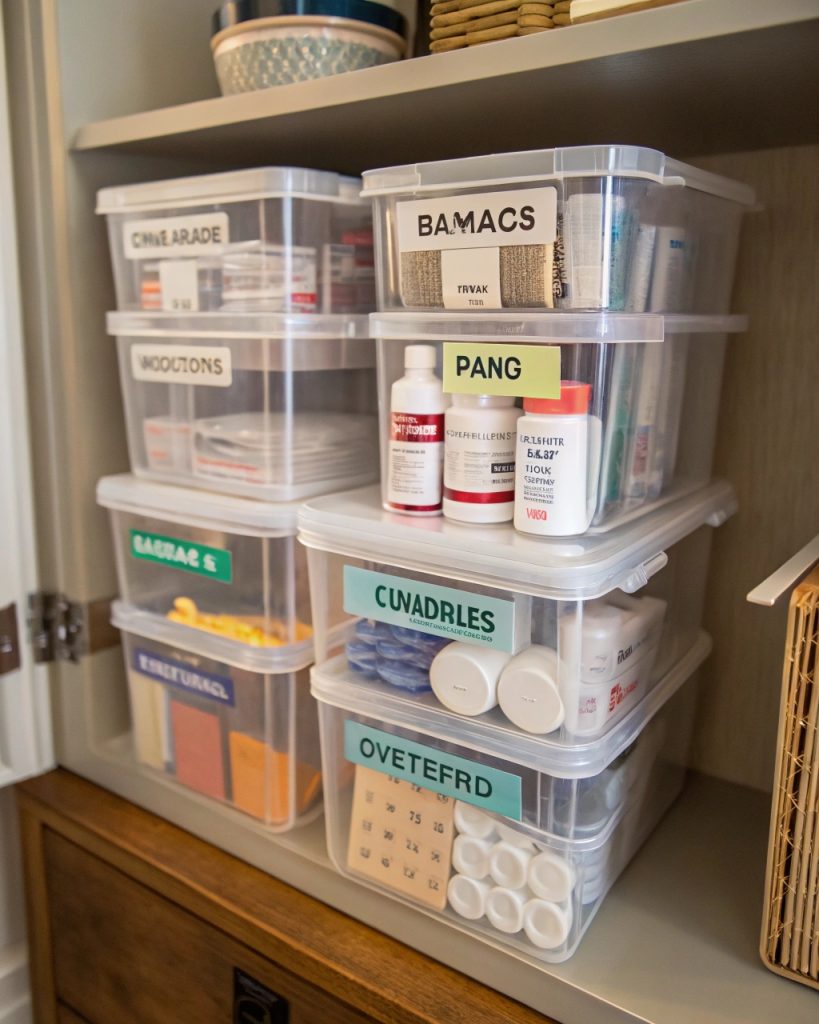 Catégorisation des produits de santé dans des bacs transparents.