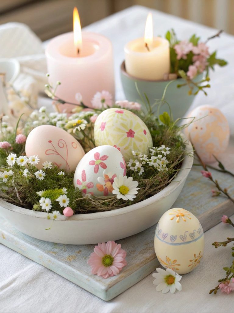 Centre de table printanier avec des coquilles d’œufs peintes, des petites fleurs et des bougies flottantes