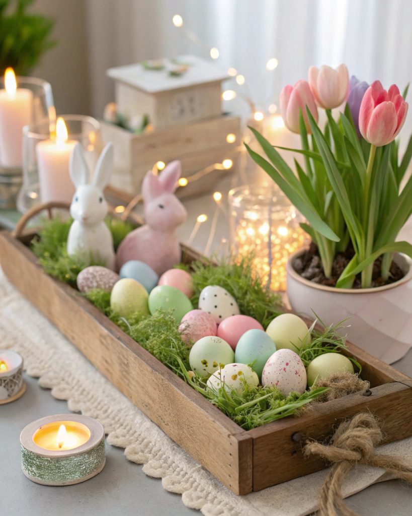 Centre de table de Pâques rustique avec œufs pastel et fleurs.