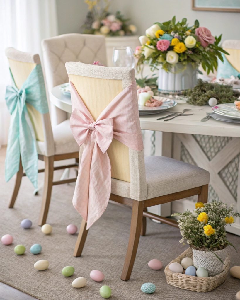 Chaises décorées avec des nœuds de Pâques pastel.