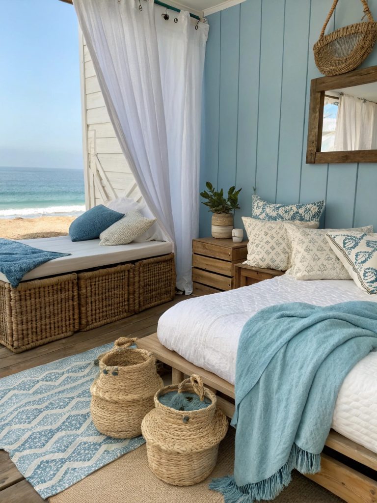 Chambre avec coussins moelleux et plaids doux.