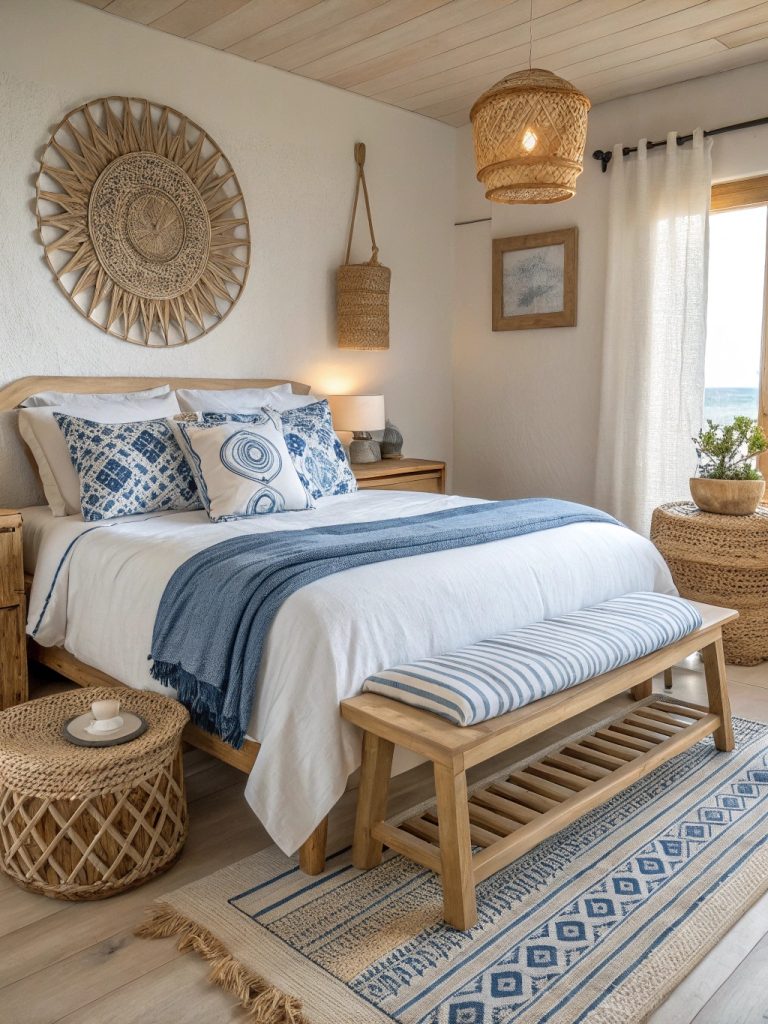 Chambre avec banc de lit en bois clair.