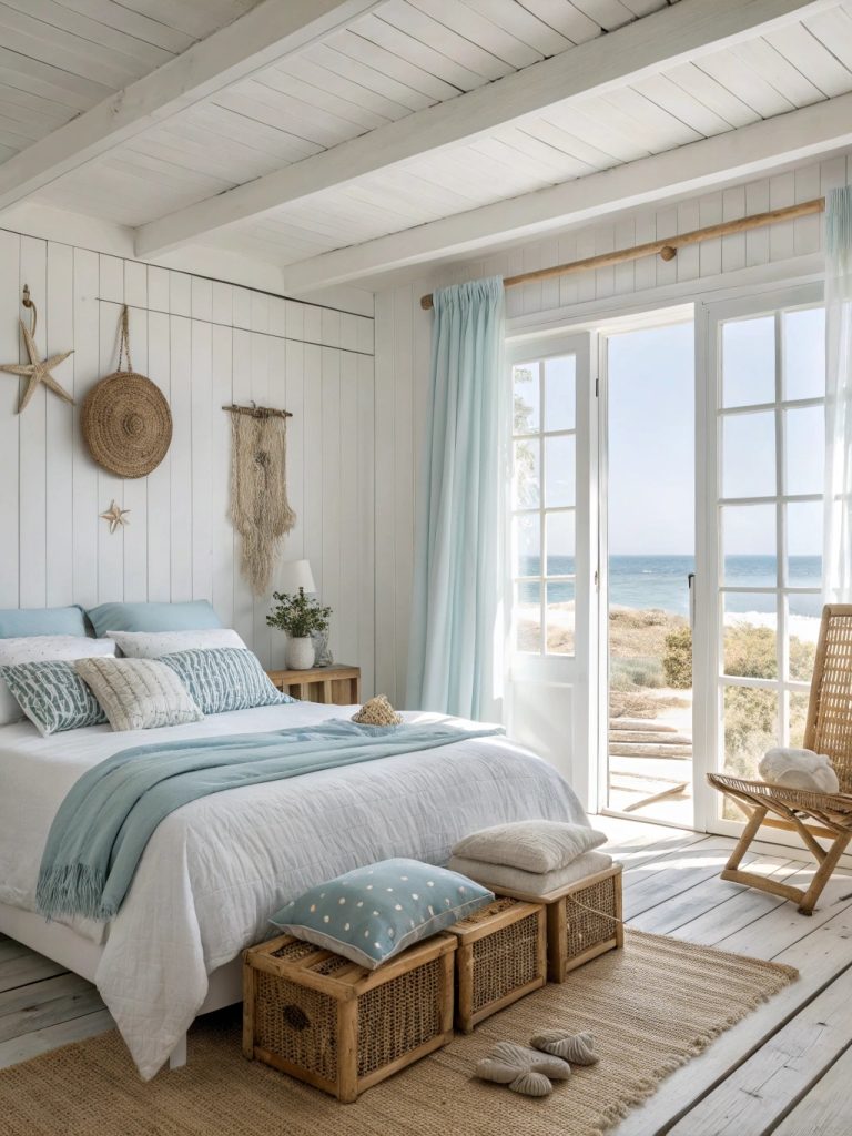 Chambre bord de mer avec des tons doux et apaisants.