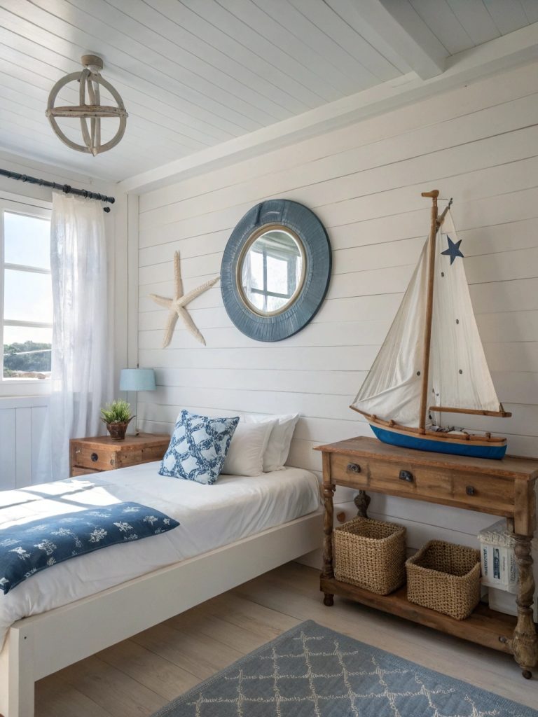 Chambre avec déco marine subtile : coquillages et miroir hublot.
