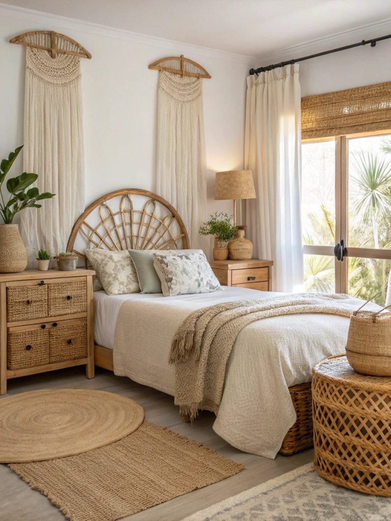 Chambre avec matières naturelles comme le rotin et le bois clair.