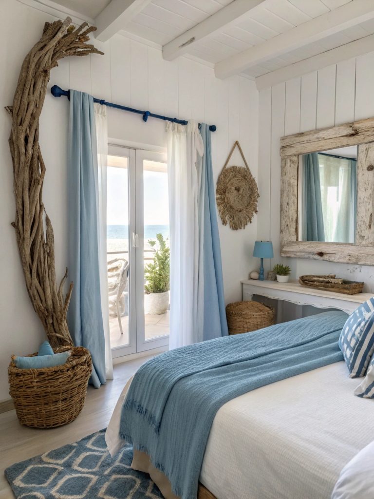 Chambre avec miroir en bois flotté et déco côtière.