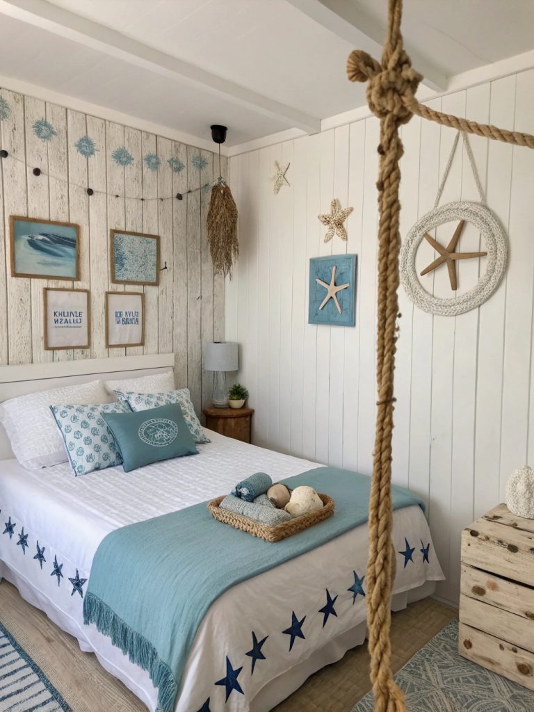 Chambre avec tableaux marins et déco côtière.