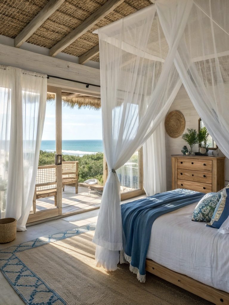 Chambre avec voilages blancs et lumière naturelle.