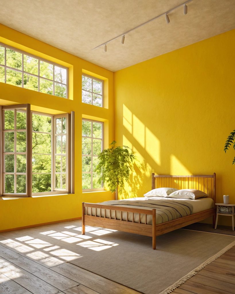 Chambre ensoleillée avec murs jaunes éclatants.