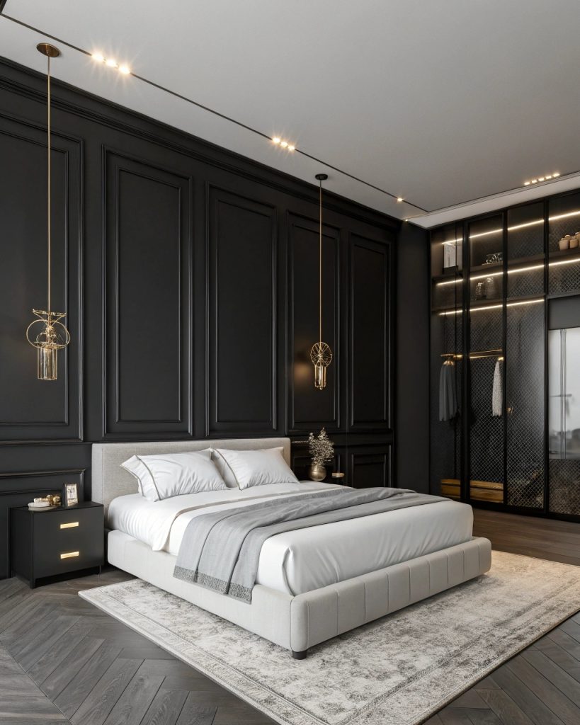 Chambre minimaliste avec murs noirs et accents métalliques.