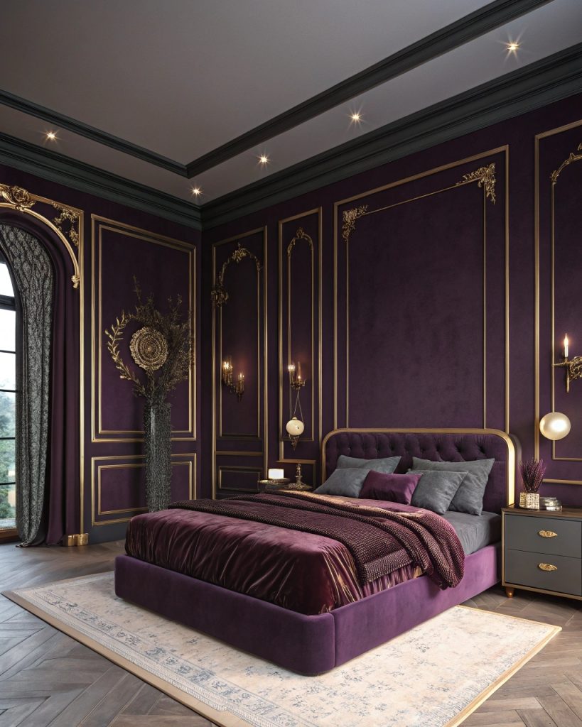 Chambre luxueuse avec murs violets foncés.