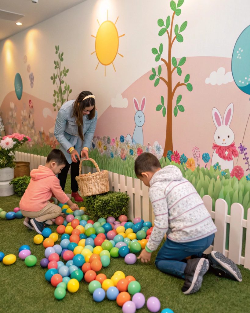 Chasse aux œufs de Pâques intérieure colorée.