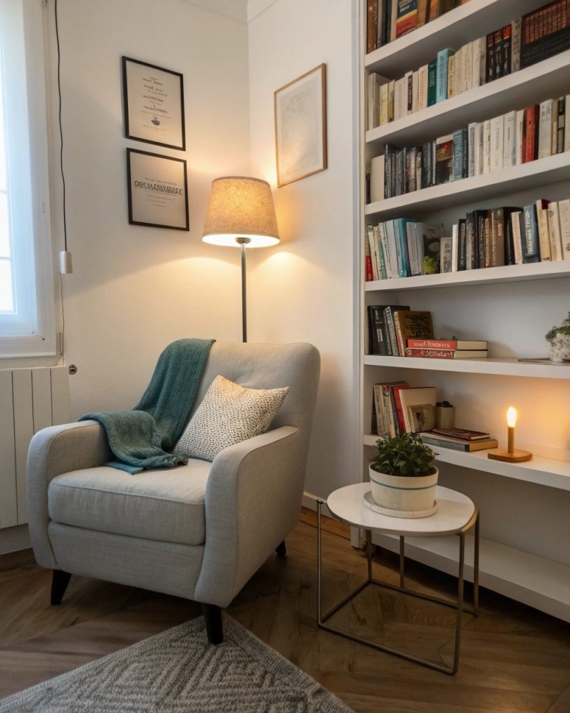 Coin lecture cosy dans un appartement étudiant