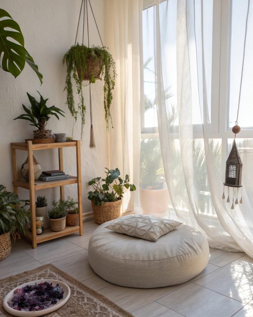 Coin zen avec plantes et lumière naturelle