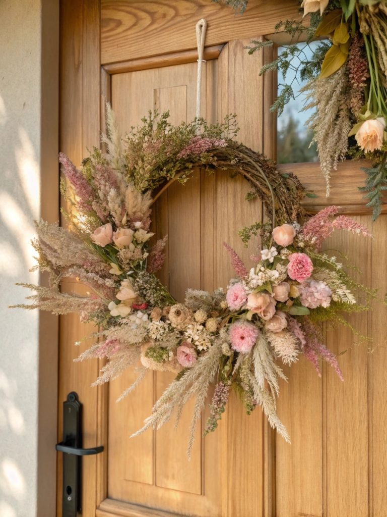 Couronne de porte en fleurs séchées avec des tons beige, rose pâle et vert