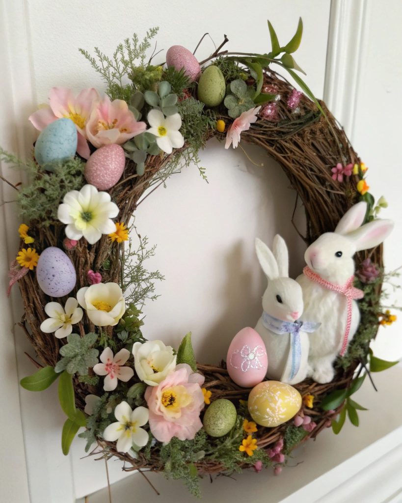 Couronne de Pâques avec fleurs et œufs pastel.