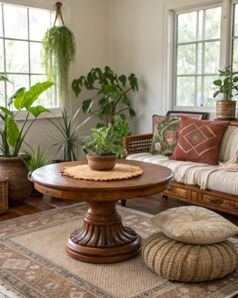 Salon durable avec table en bois vintage, coussins en tissu recyclé et plantes vertes.