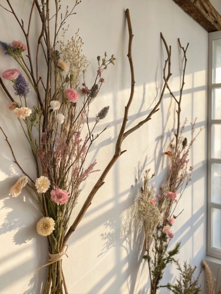Déco murale printanière avec des branches naturelles et des fleurs séchées