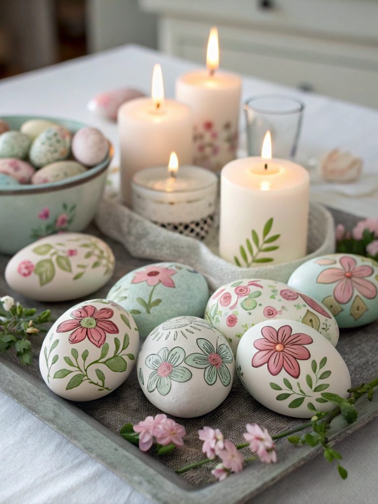 Déco de table printanière avec galets peints et bougies