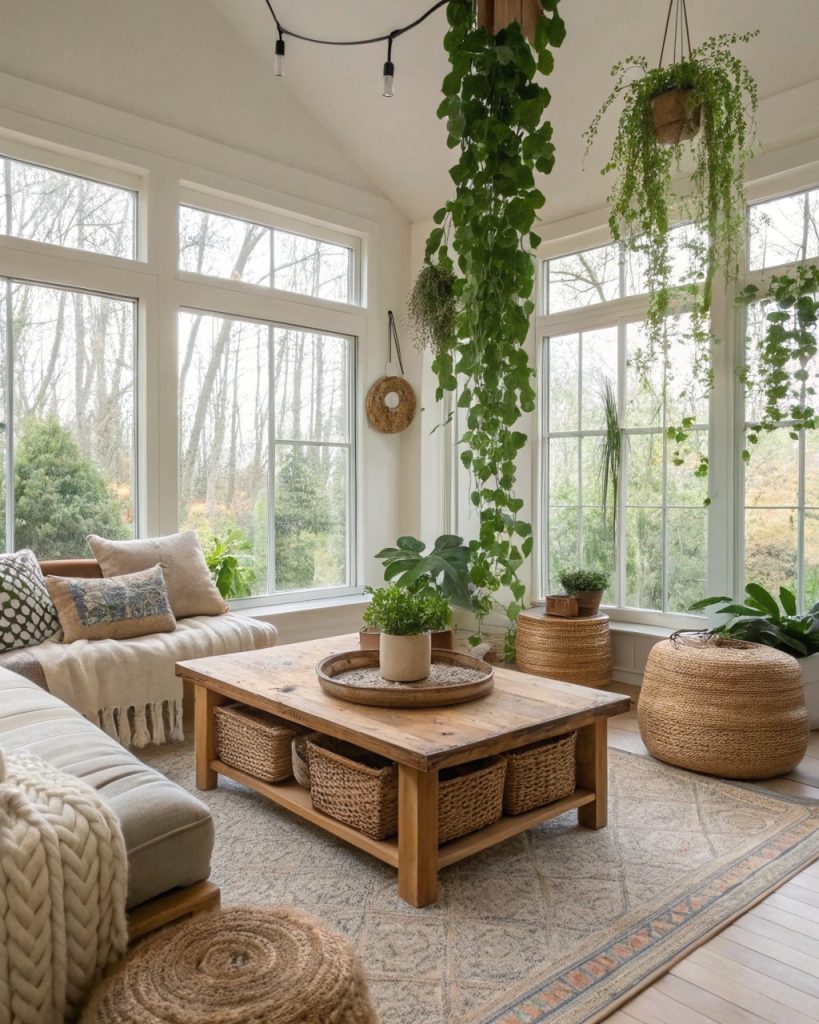 Salon lumineux avec plantes suspendues, table en bois et textures naturelles.