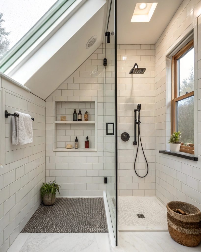Douche walk-in sous pente avec porte en verre et carrelage blanc.