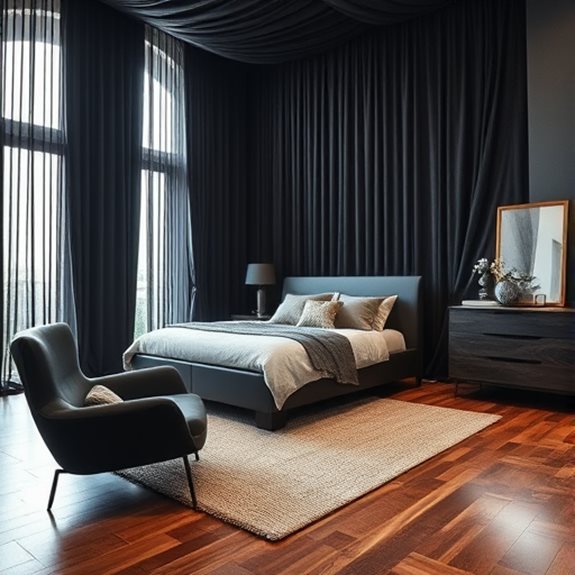 dramatic black curtains hung