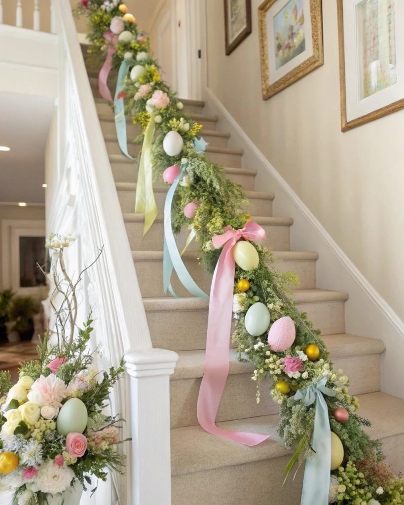 Escalier décoré avec des guirlandes de Pâques pastel.