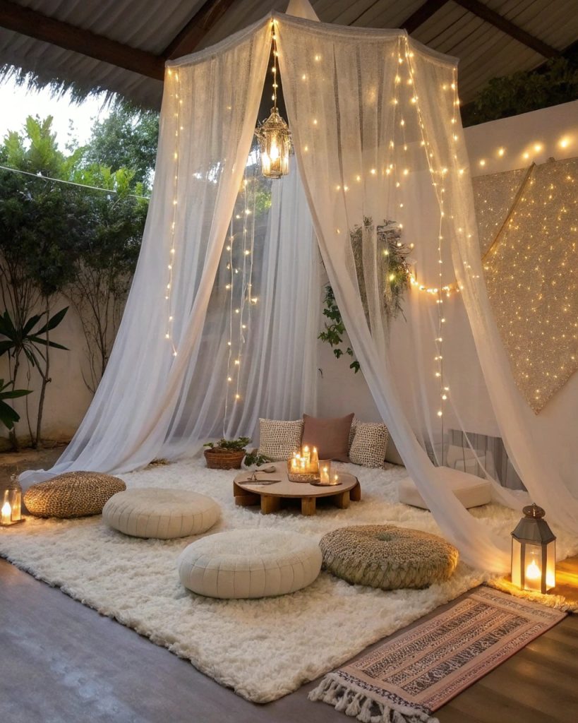 Espace méditation boho avec baldaquin