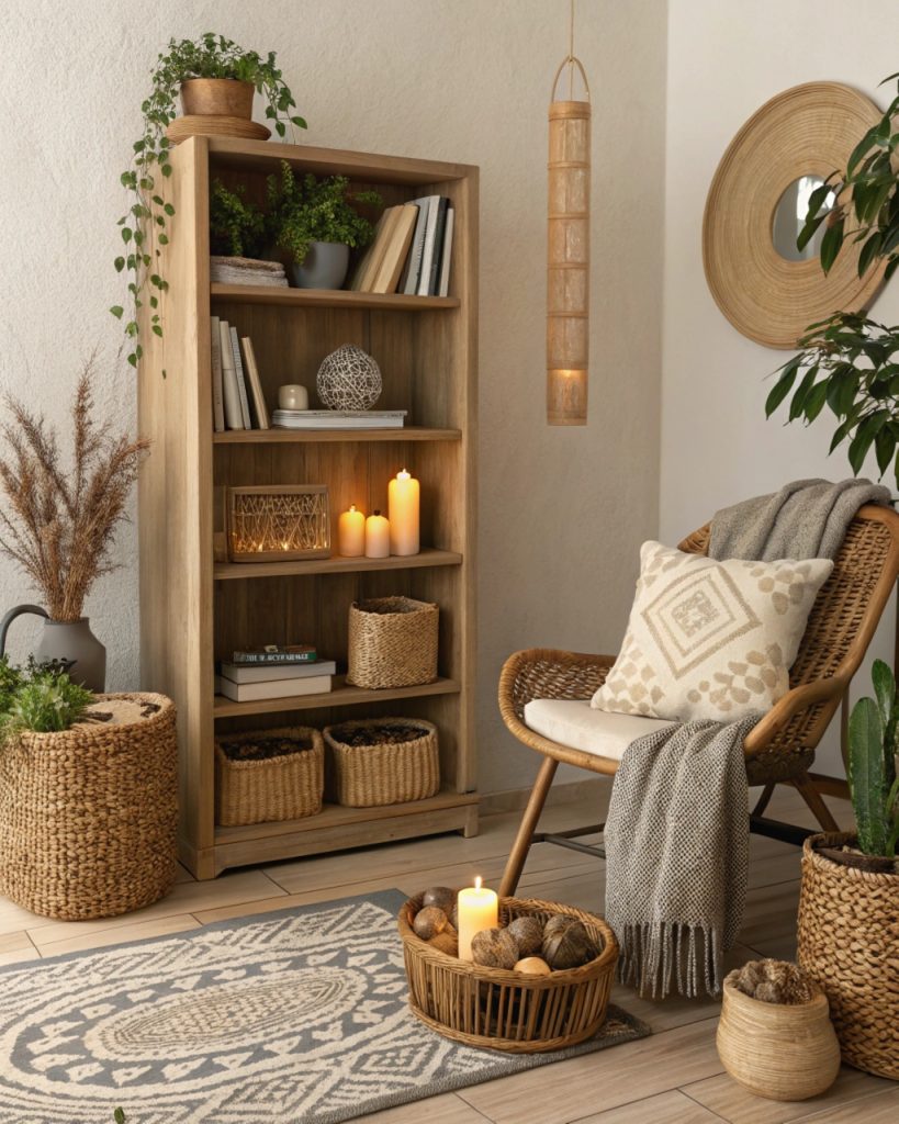 Espace méditation boho avec bibliothèque
