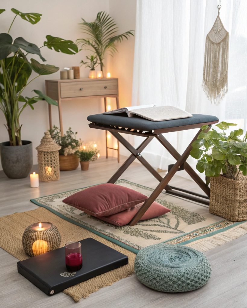 Espace méditation boho avec bureau de yoga