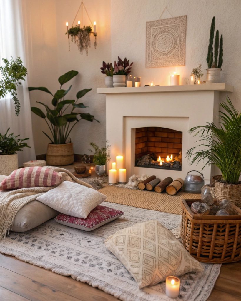 Espace méditation boho avec cheminée