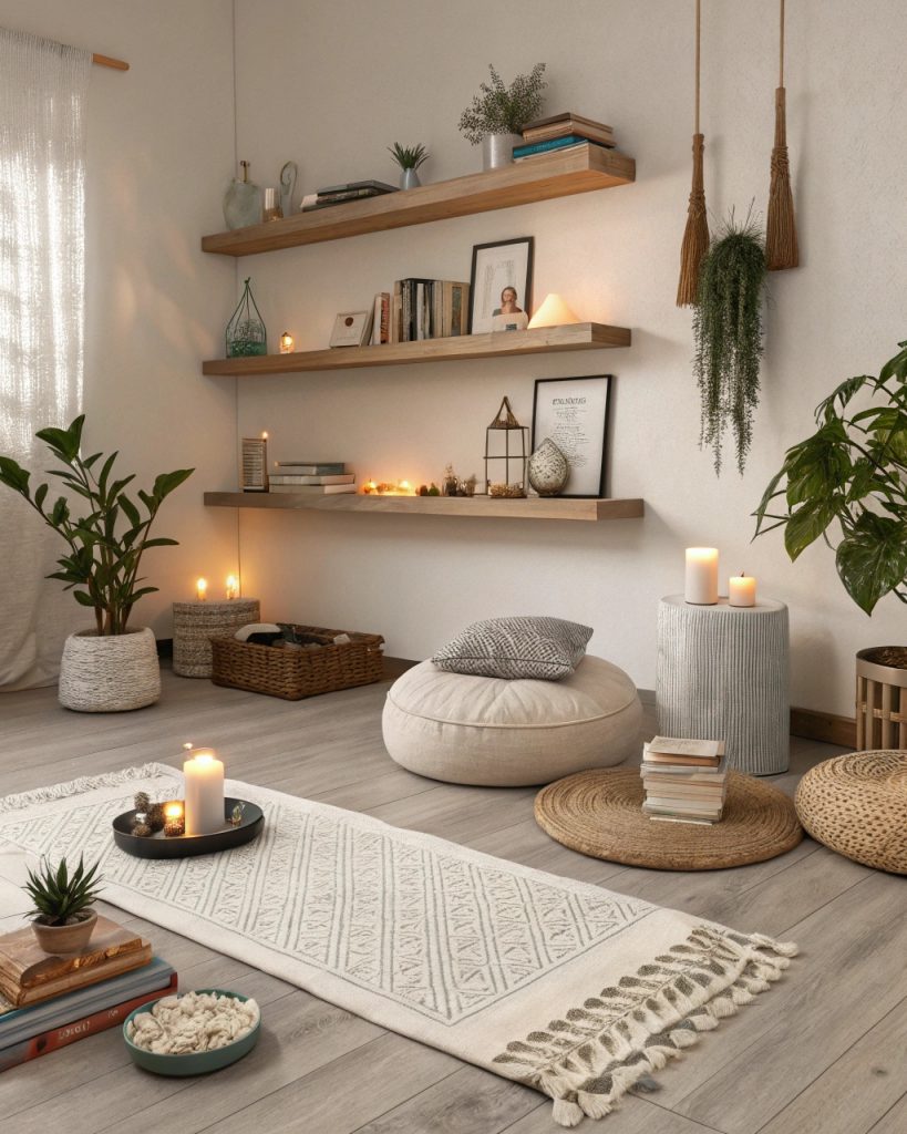 Espace méditation boho avec étagères flottantes