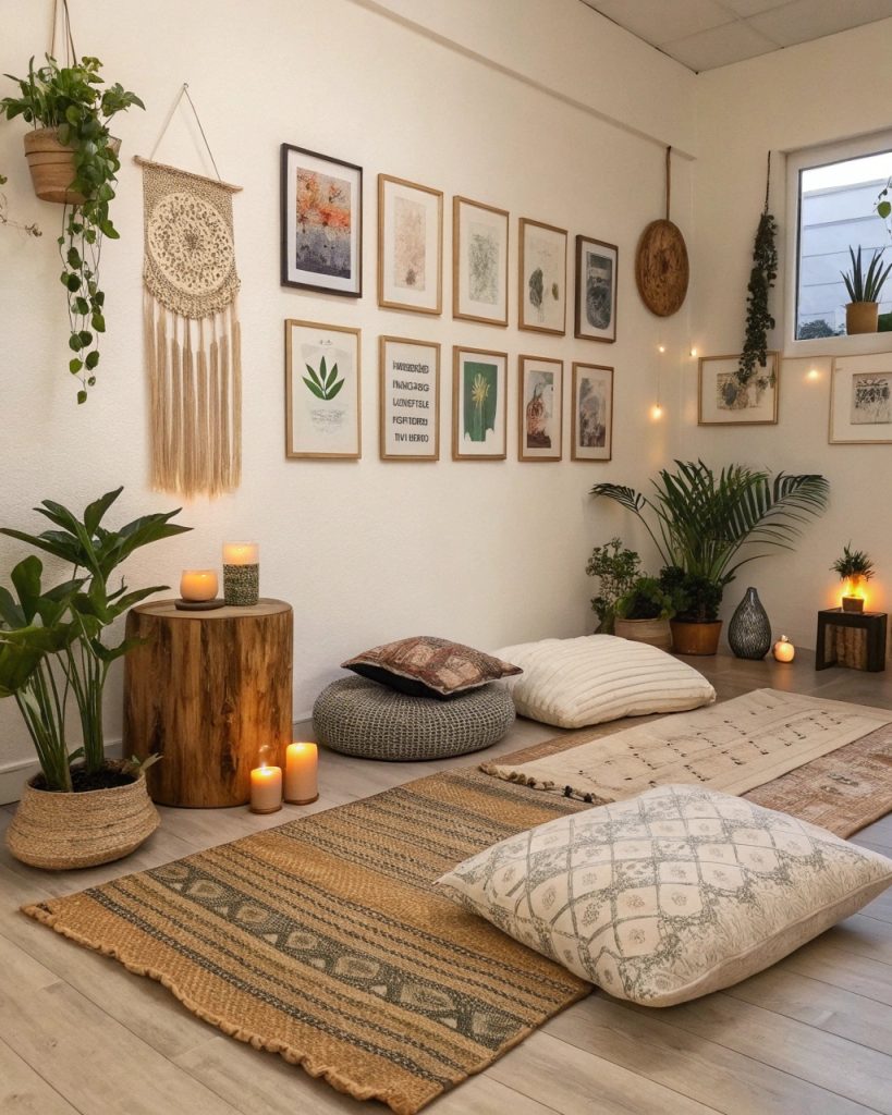 Espace méditation boho avec mur de galerie
