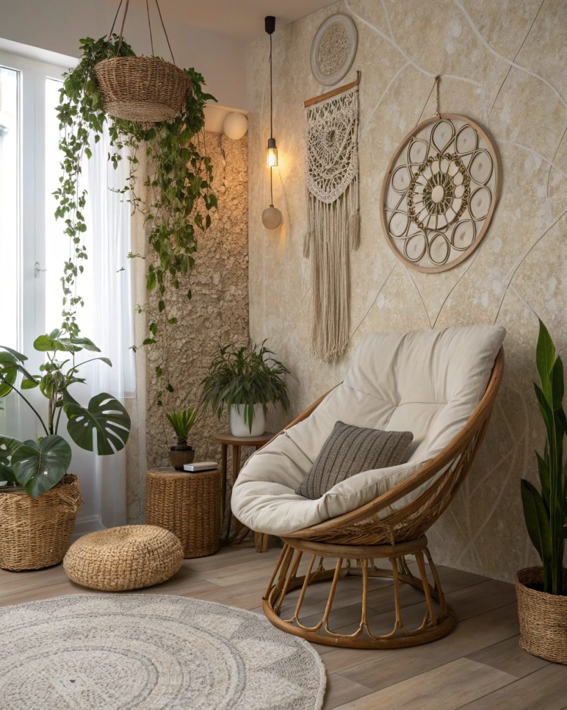 Espace méditation boho avec mur accentué