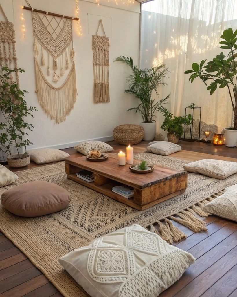 Espace méditation boho chic avec tapis et coussins