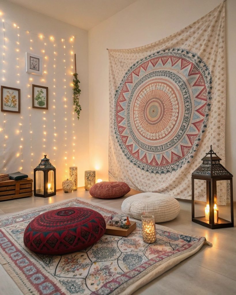 Espace méditation boho avec tapisserie murale
