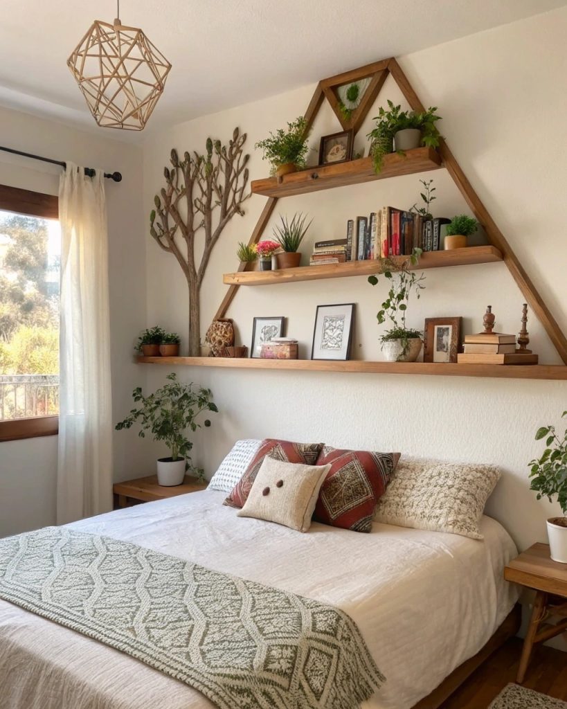 Étagères en forme d'arbre au-dessus d'un lit