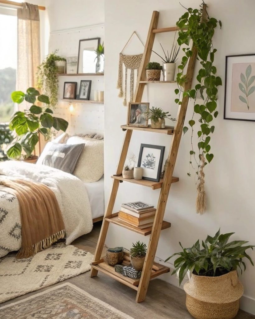 Étagère échelle au-dessus d'un lit avec plantes et photos