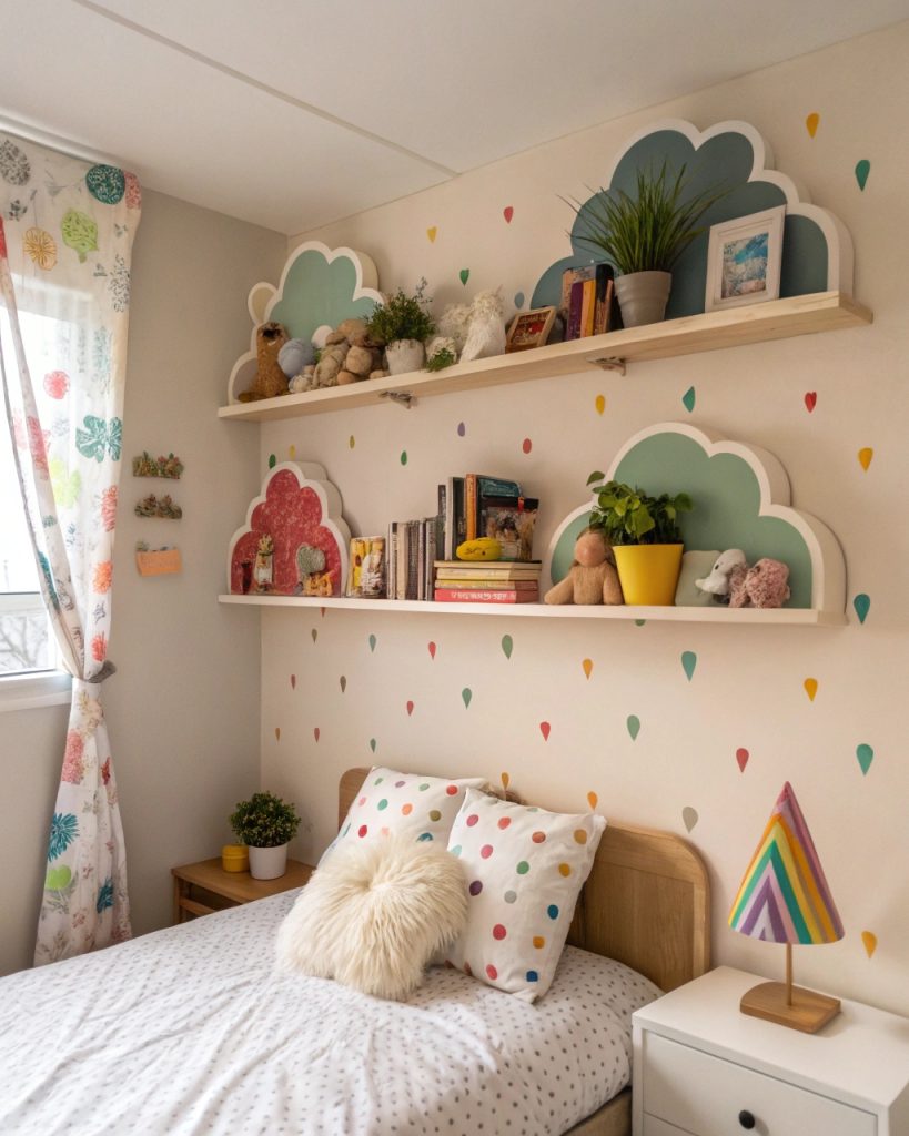Étagères en forme de nuage au-dessus d'un lit d'enfant