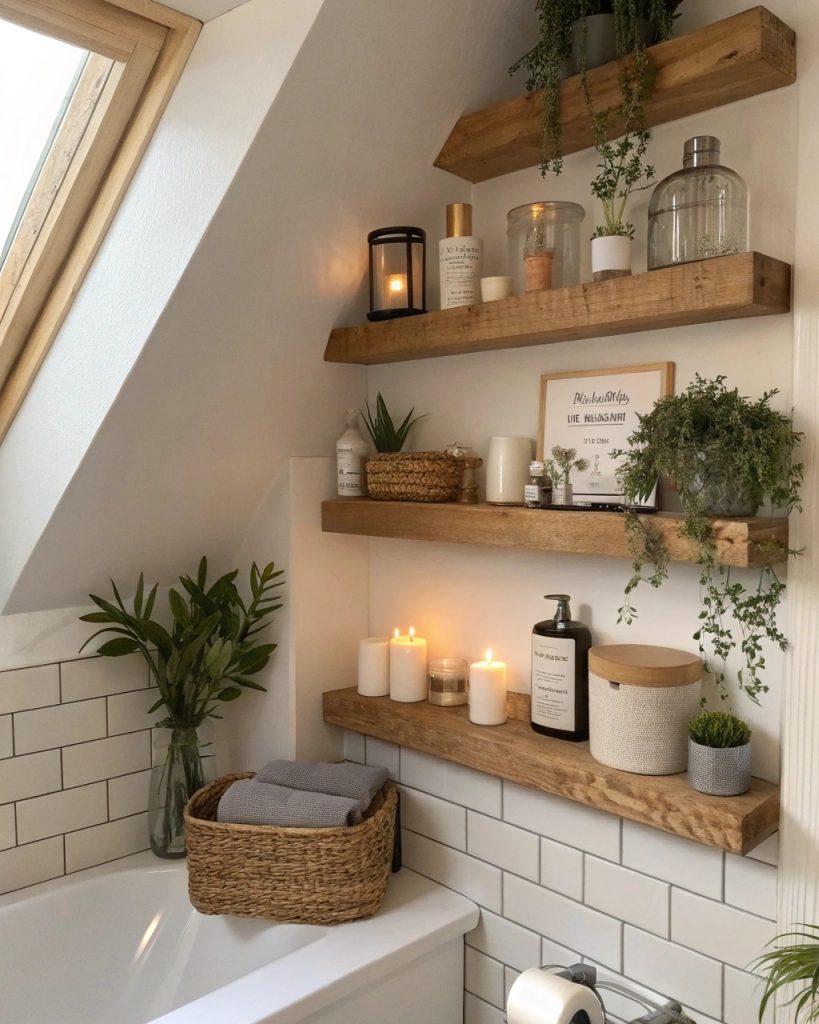 Grand miroir LED sous pente pour agrandir l'espace.