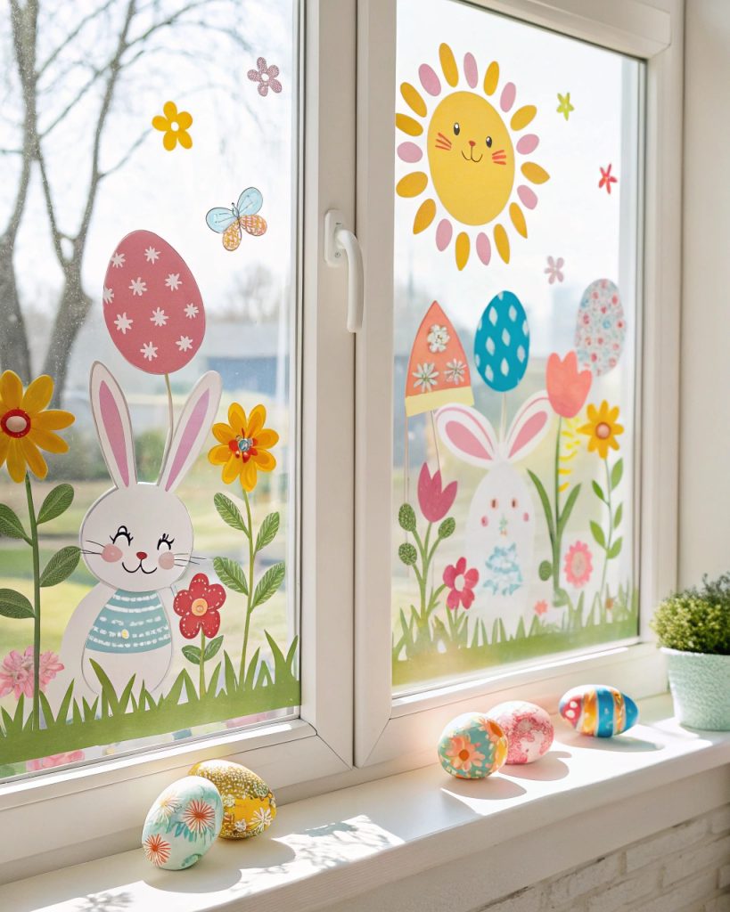 Fenêtres décorées avec des autocollants de Pâques.